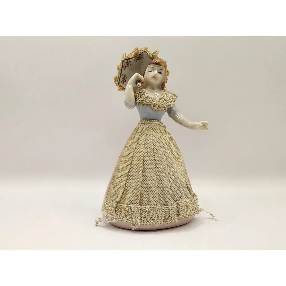 Vintage Porcelain Lace Lady Figurine Pink Blue Dress Rose Parasol Japan 5 inches